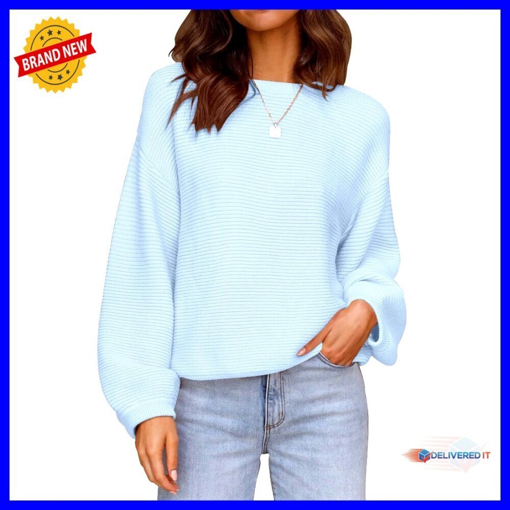 Ribbed Knit Pullover Sweater Oversized Lantern Sleeves Chic Casual Tops